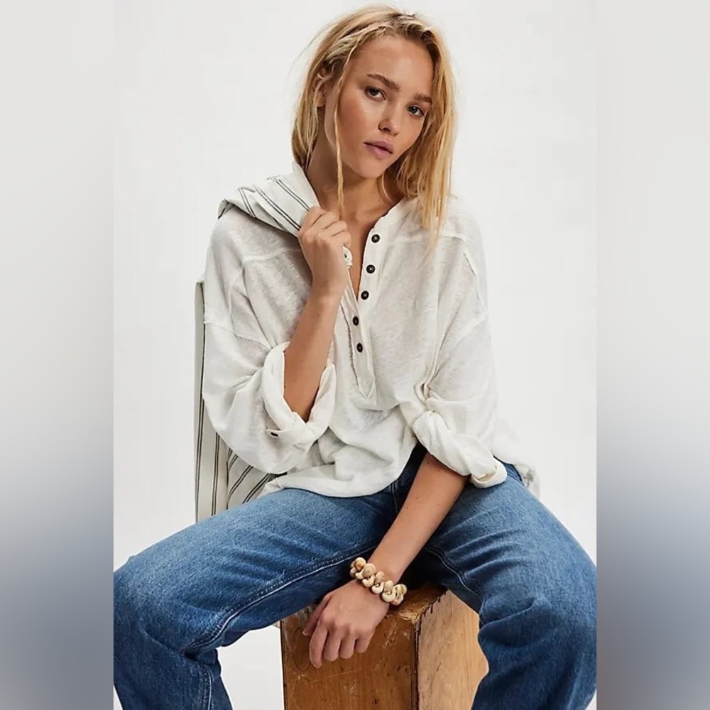 FREE PEOPLE  Cotton-Linen Henley Tee - Clean Ivory Oversized Relaxed Fit Boho